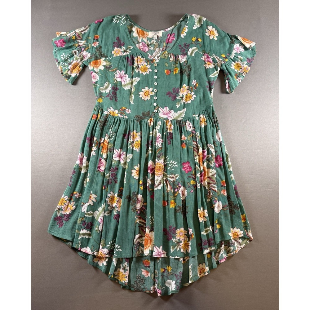 Umgee Boho Floral Dress Womens Small Green Rayon Short Flutter Sleeve Babydoll